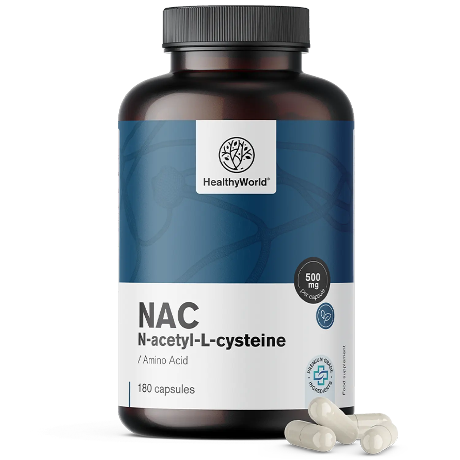 HealthyWorld NAC 500 mg - prehransko dopolnilo z N-acetil-L-cisteinom v obliki kapsul