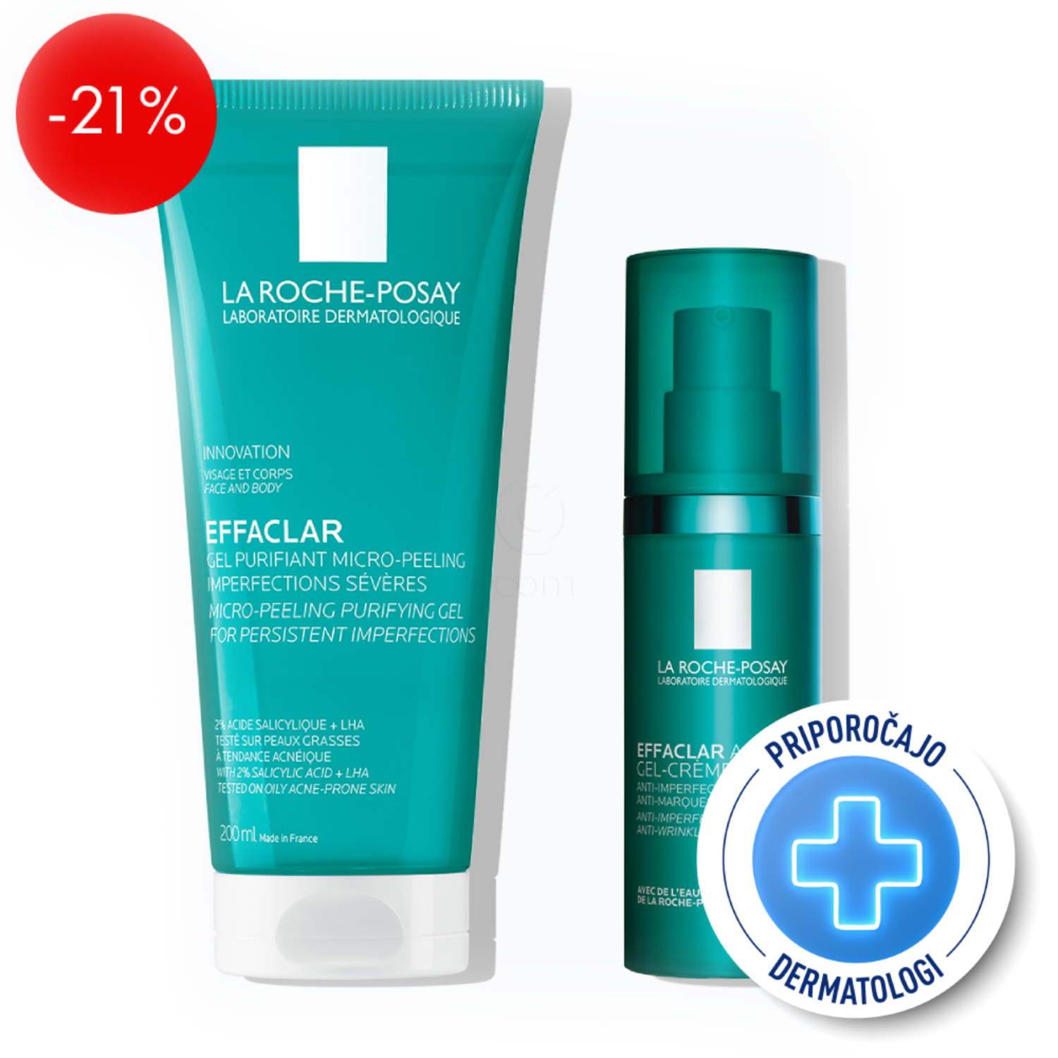 La Roche-Posay Effaclar, rutina za glajenje in zmanjšanje sledi nepravilnosti (200 ml + 40 ml)