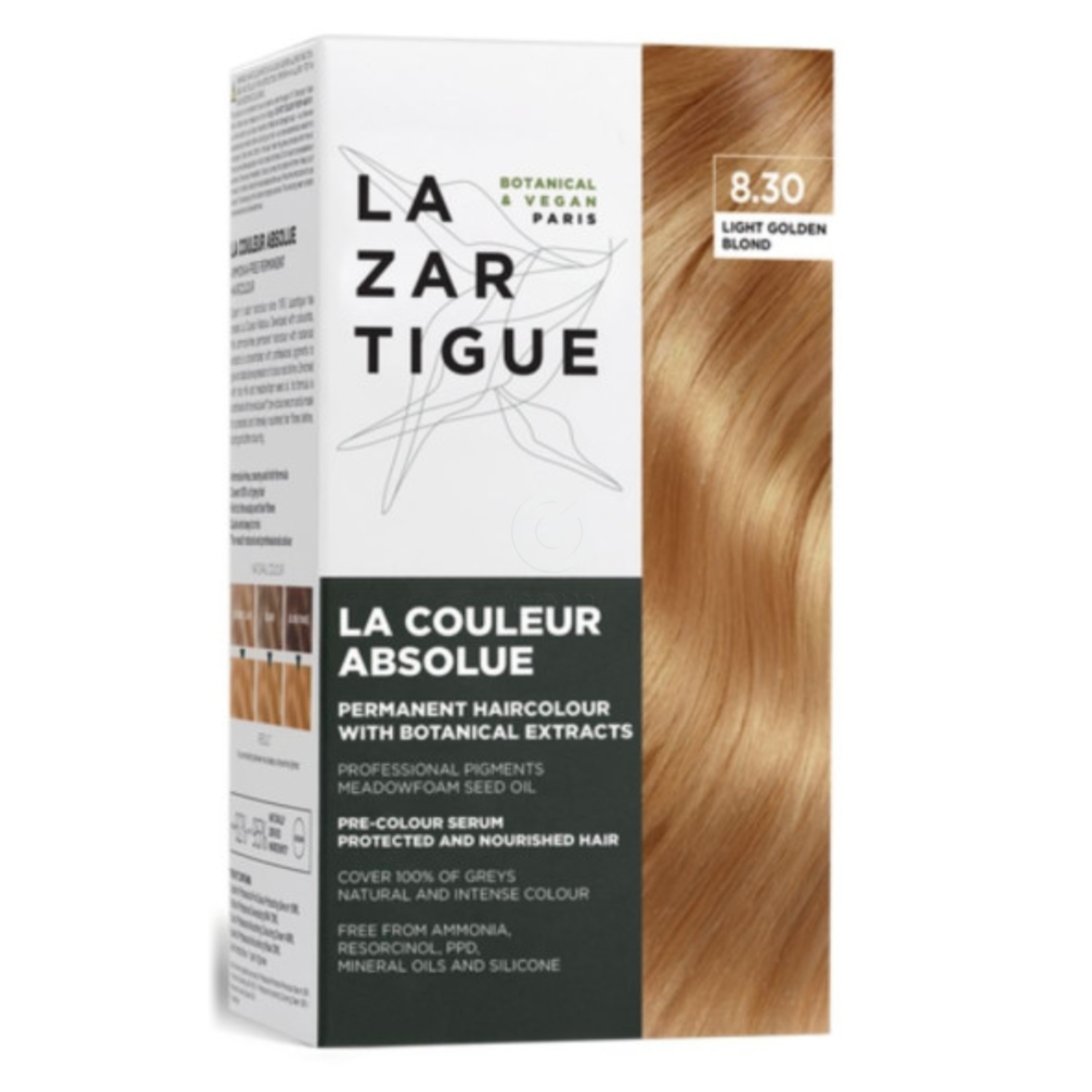 Lazartigue, veganska barva za lase - zlato svetli blond 8.30 (komplet)