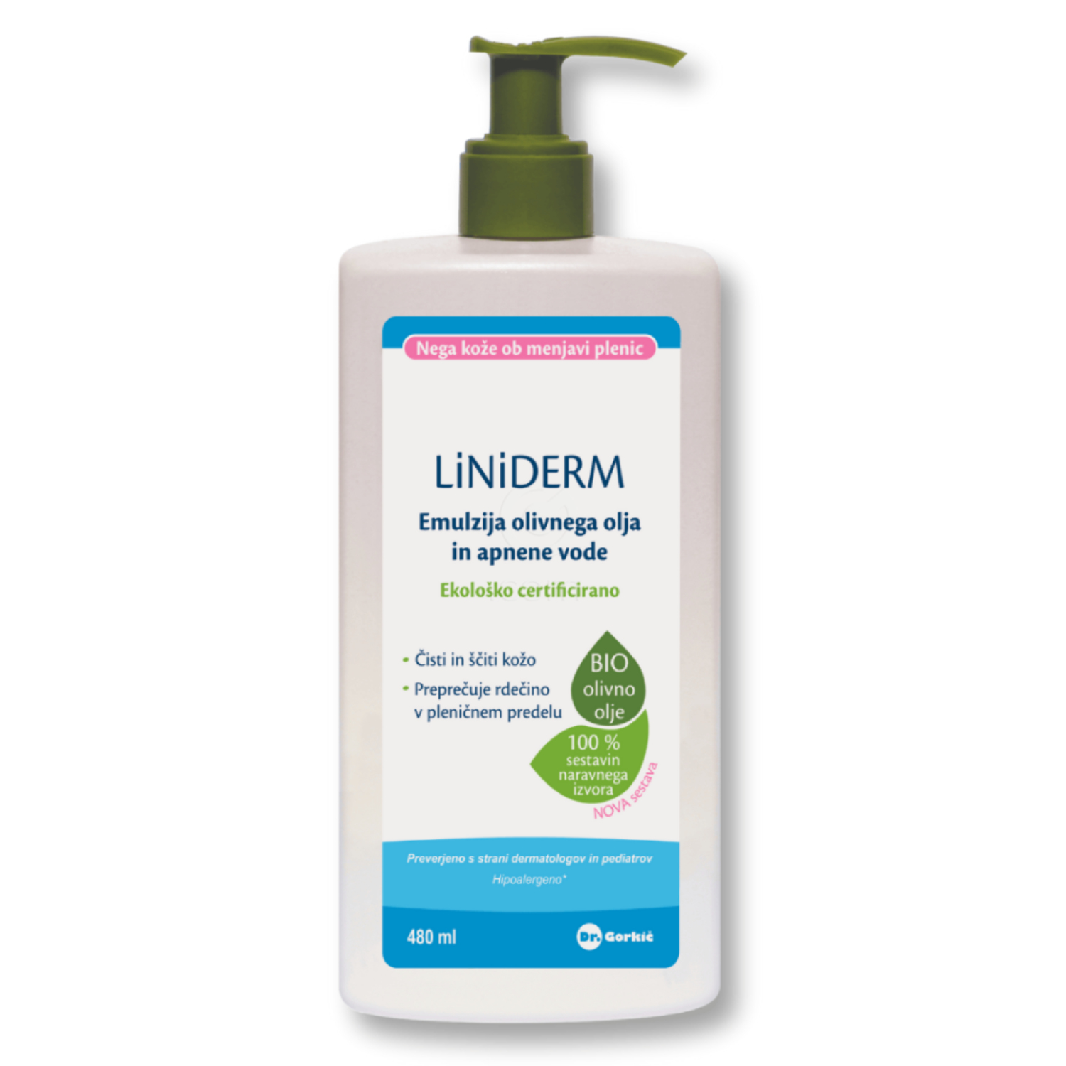 Liniderm, emulzija olivnega olja in apnene vode - plastenka s pumpico (480 ml)