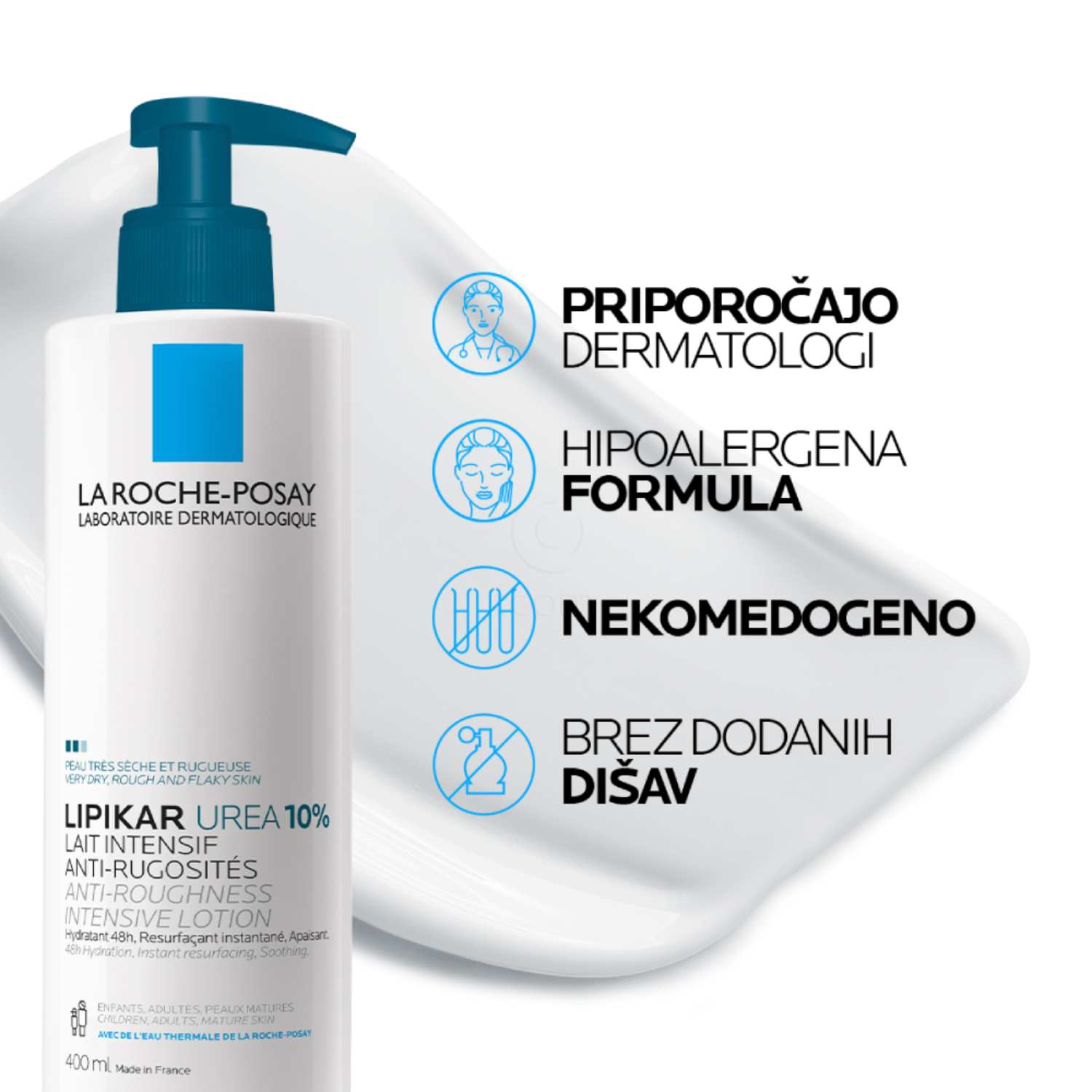LRP Lipikar Lait Urea 10%, vlažilni losjon s trojnim učinkom za glajenje in pomiritev zelo suhe ter grobe kože (400 ml)