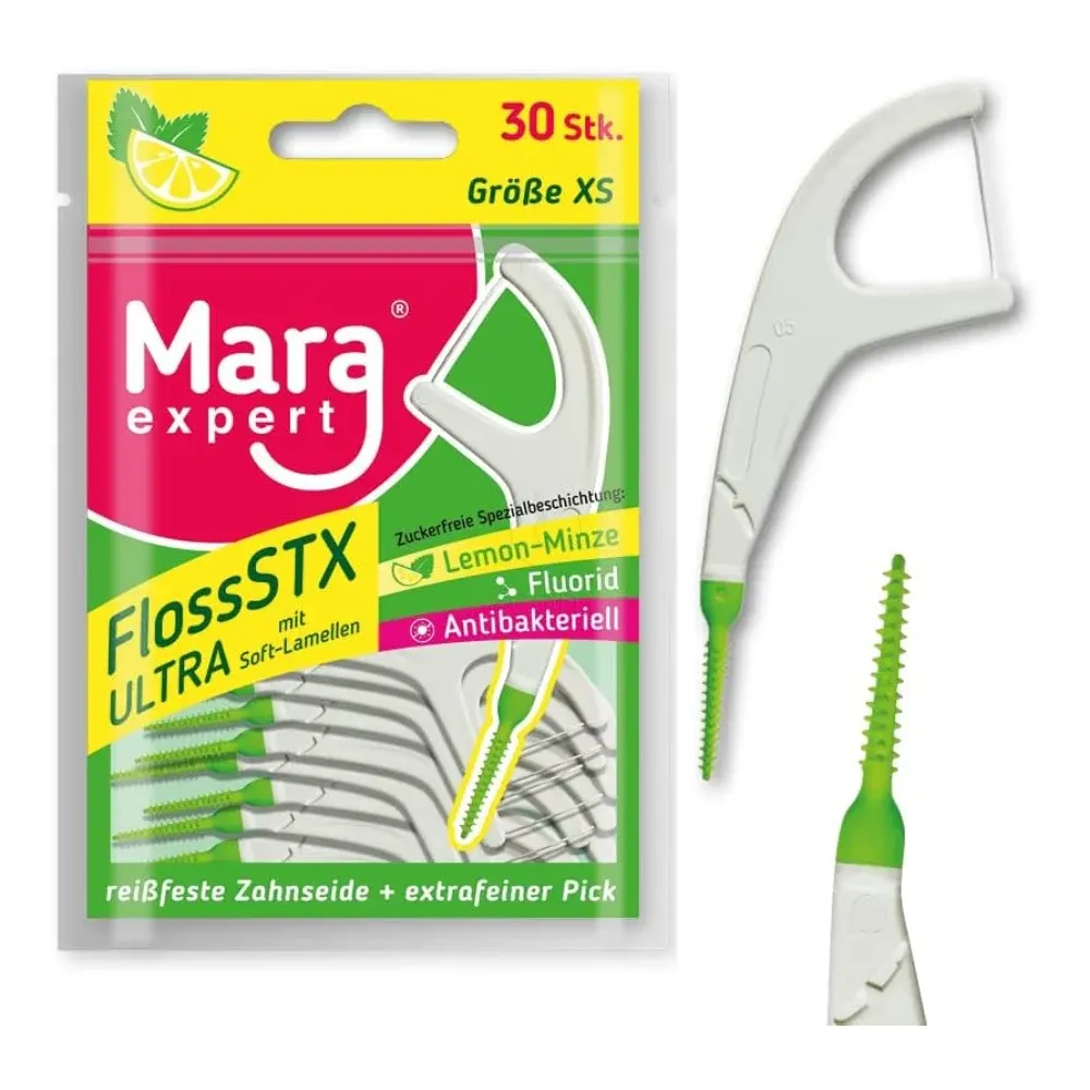 Mara Expert Flossstx Ultra, zobna nitka z zobotrebcem - okus limona- meta (30 zobnih nitk)