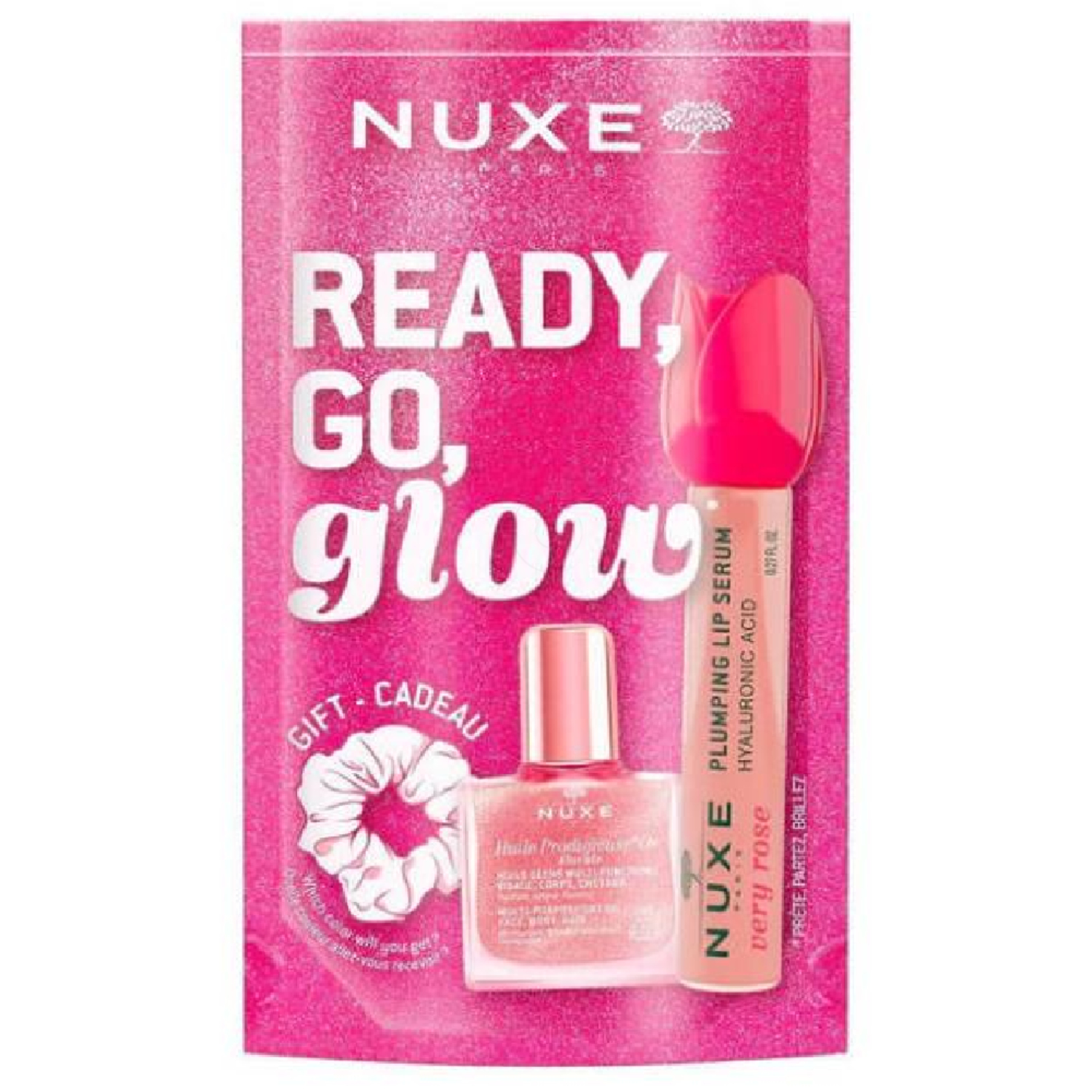 Nuxe Glow On The Go Pink Set, darilni set za sijočo polt (15 ml + 8 ml + elastika)