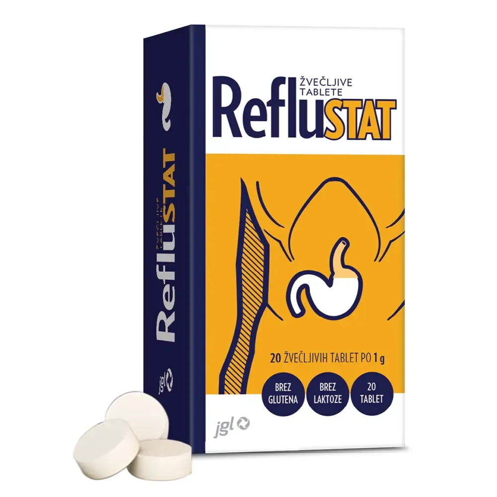 Reflustat žvečljive tablete, Reflustat, zgaga, refluks, želodčna kislina, alginat, karbonati, hitro olajšanje, brez glutena, brez laktoze