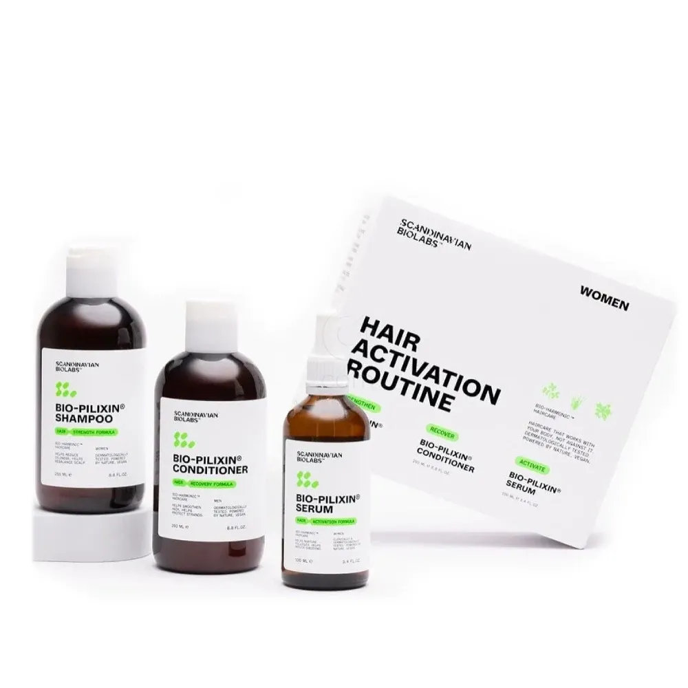Scandinavian Biolabs Bio-Pilixin 3-stopenjski komplet za zenske, rutina za zmanjsanje izpadanja in podporo rasti las (250 ml + 250 ml + 100 ml)