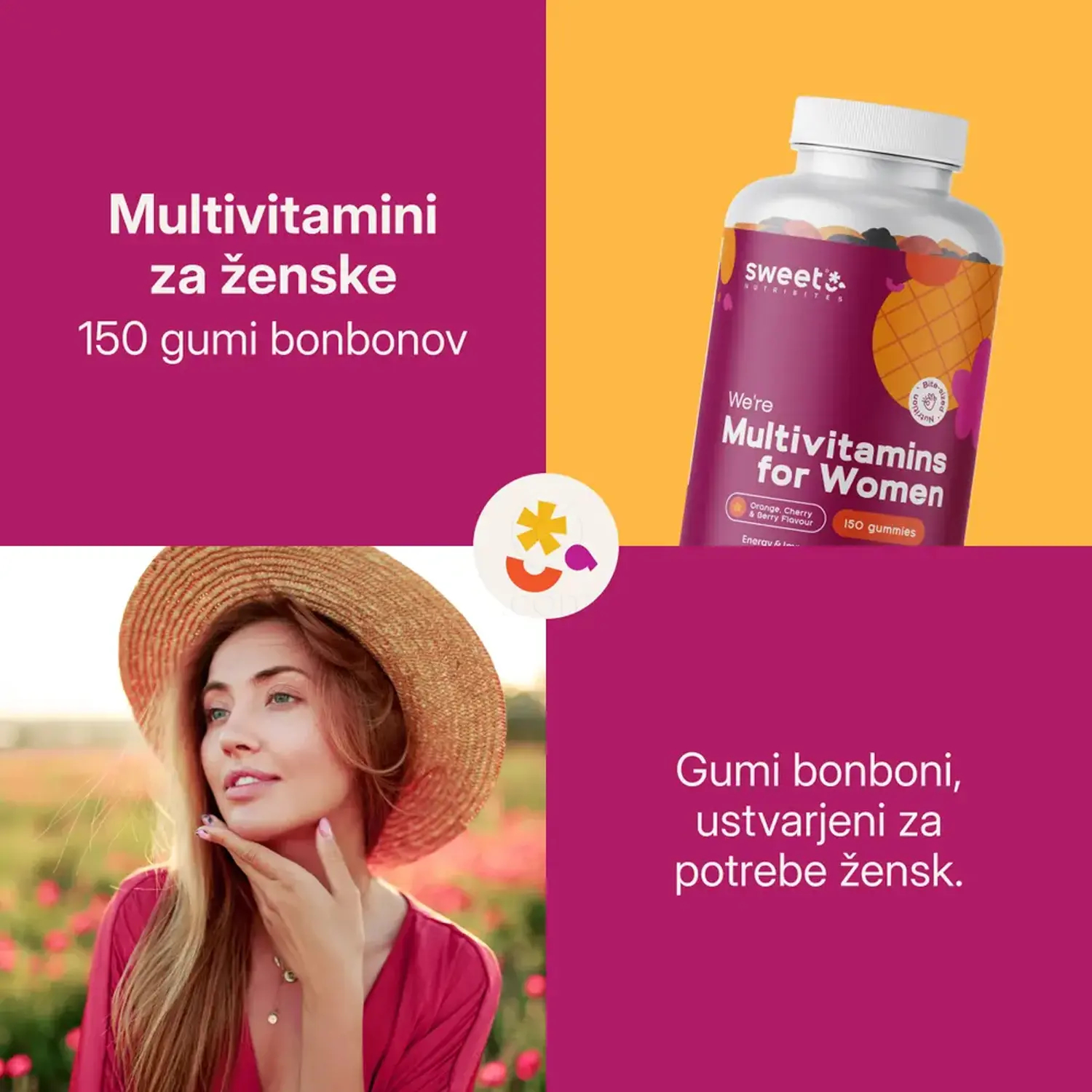 Sweet Nutribites Multivitamini za ženske - kalcij 120 mg, vitamin C 30 mg in biotin 1000 μg v dnevnem odmerku