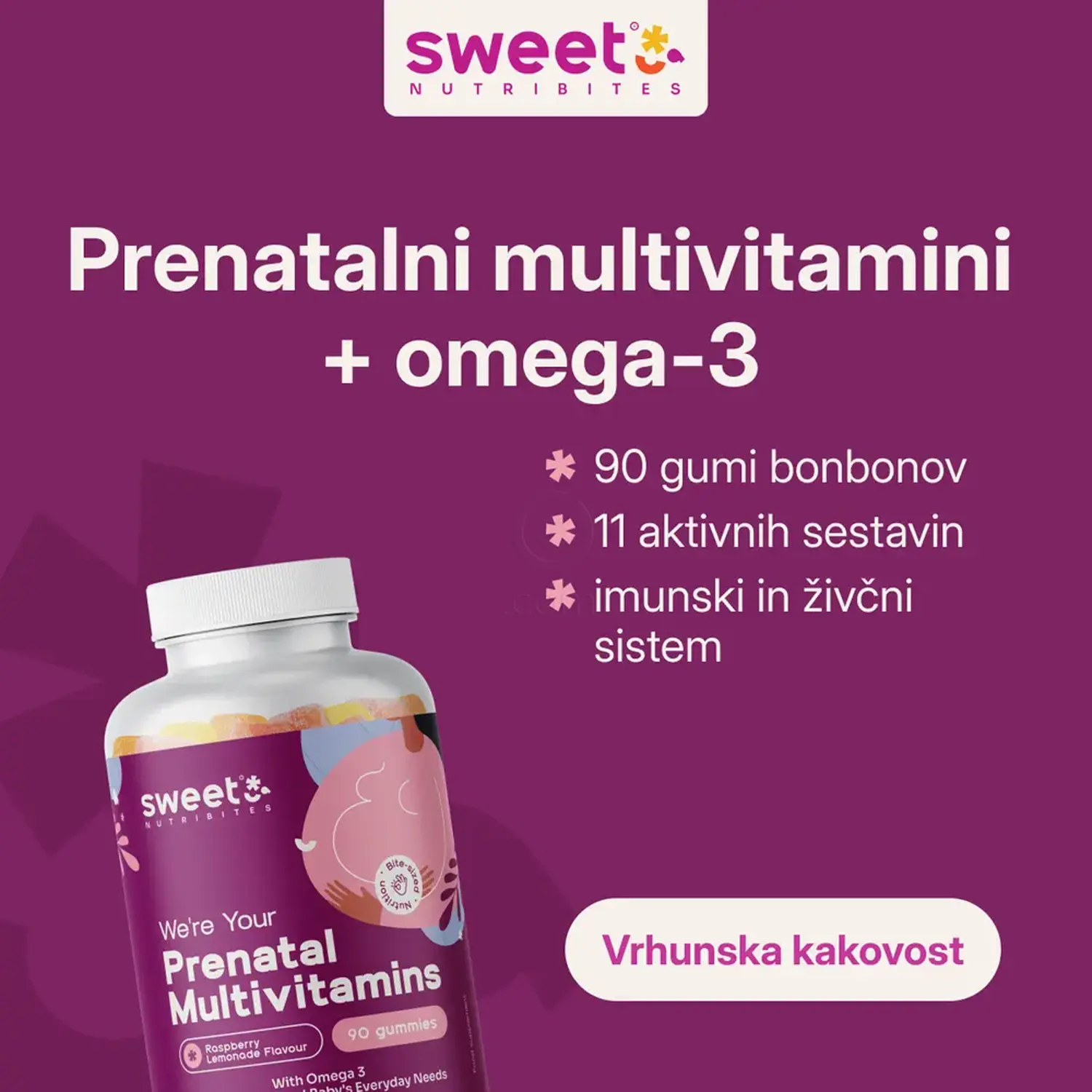 Sweet Nutribites Prenatalni multivitamini + omega-3 za nosečnice - folna kislina prispeva k razvoju materinega tkiva