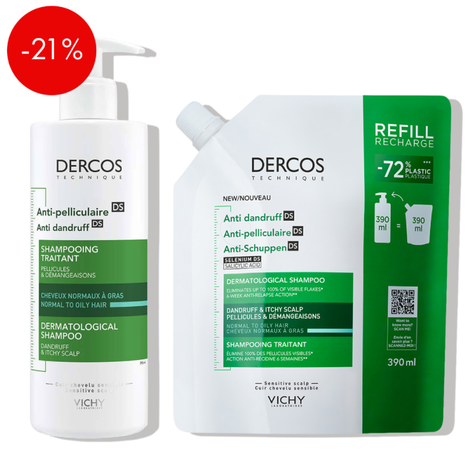Vichy Dercos, rutina - šampon proti prhljaju za mastno lasišče + eko polnilo (2 x 390 ml)