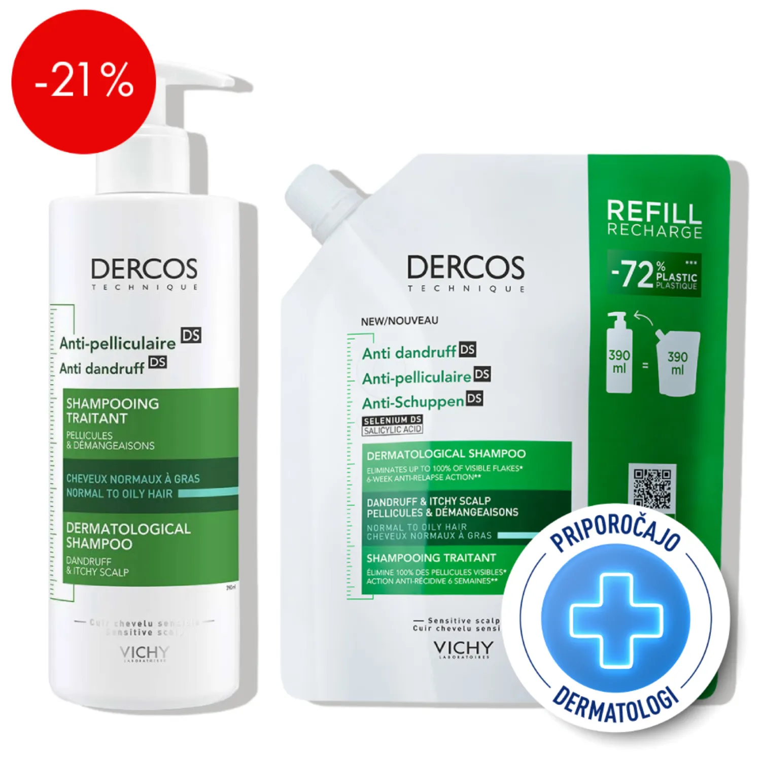 Vichy Dercos, rutina - šampon proti prhljaju za mastno lasišče + eko polnilo (2 x 390 ml)