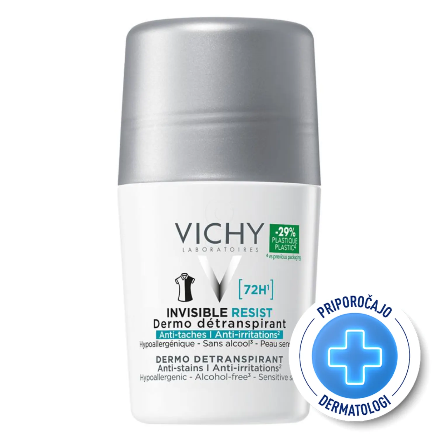 Vichy Invisible Resist 72h, detranspirant proti madežem in razdraženosti - roll-on (50 ml)