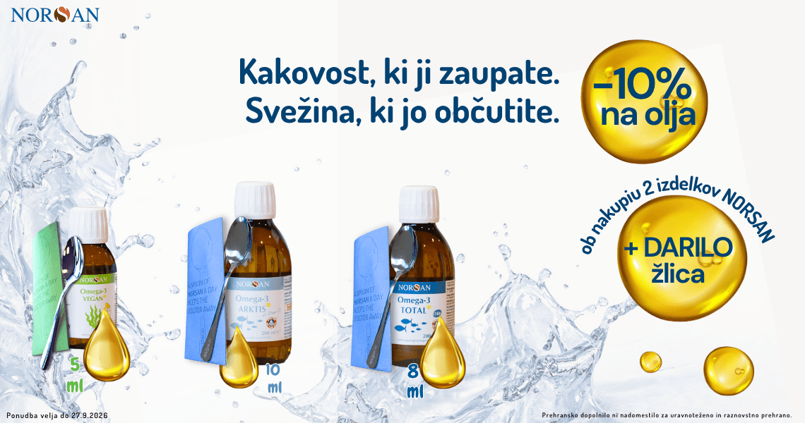 Norsan Omega-3 olja (-10%) + darilo: žlica ob nakupu 2 izdelkov