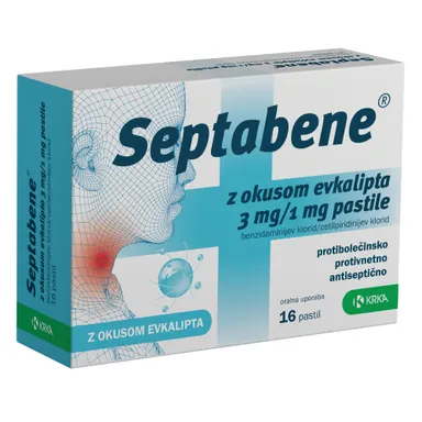 Septabene 3 mg/1 mg Krka, pastile z okusom evkalipta (16 pastil)
