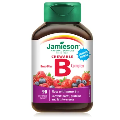 Jamieson B kompleks, žvečljive tablete z okusom jagodičevja (90 tablet)