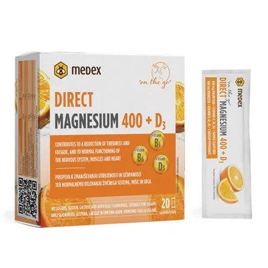 Medex Magnezij Direct 400 + D3, prašek v vrečkah (20 x 2,2 g)