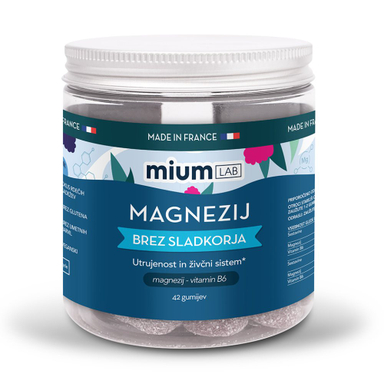 Mium LAB magnezij, gumiji brez sladkorja (42 gumijev)