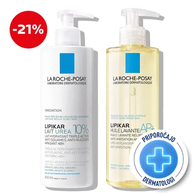 LRP Lipikar, hidratantni protokol za suho, hrapavo kožo z 10 % ureo - Lait Urea 10% in Olje (2 x 400 ml)