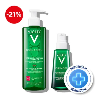 Vichy Normaderm, protokol za mastno in k aknam nagnjeno kožo v odrasli dobi - Dnevna nega in Čistilni gel (50 ml + 400 ml)