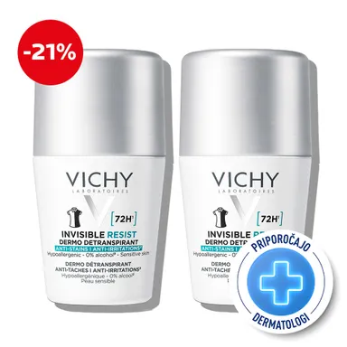 Vichy Deo-Duo, protokol antiperspirant roll-on za zaščito pred potenjem do 72 ur invisible (2 x 50 ml)