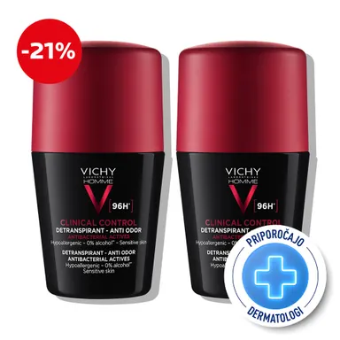 Vichy Deo-Duo Clinical Control, protokol - roll-on testiran za nadzor prekomernega potenja do 96 ur za moške (2 x 50 ml)