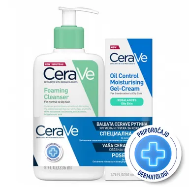 CeraVe, paket za nego mastne kože - peneči čistilni gel in vlažilna gel krema (236 ml + 52 ml)
