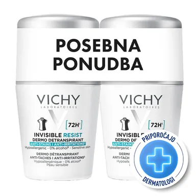 Vichy Invisible Resist 72h, detranspirant proti madežem in razdraženosti - roll-on - paket (2 x 50 ml)