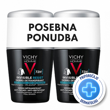 Vichy Homme Invisible Resist 72h, detranspirant proti madežem in razdraženosti - roll-on - paket (2 x 50 ml)