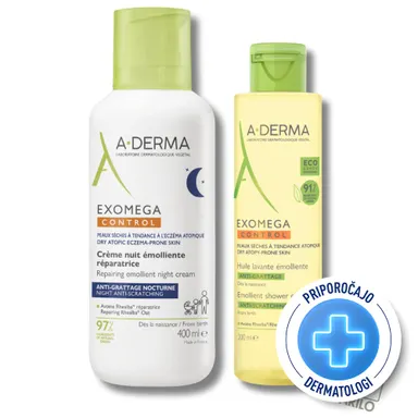 A-Derma Exomega Control, emolientna nočna krema in čistilno olje za tuširanje - paket (400 ml + 200 ml)