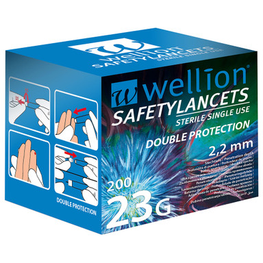 Wellion 23G Safety, varna lanceta za enkratno uporabo - dvojna zaščita (200 lancet)