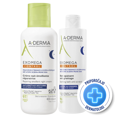 A-Derma Exomega Control, večerna rutina za kožo k atopiji in srbenju (400 ml + 200 ml)