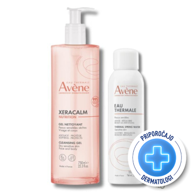 Avene Xeracalm Nutrition, paket: vlažilni gel za čiščenje in termalna voda (750 ml + 150 ml)
