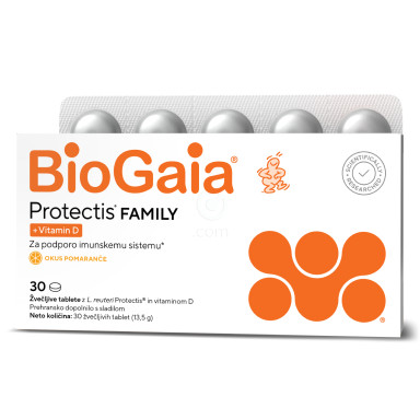 BioGaia Protectis D3 400 I.E., žvečljive tablete z okusom pomaranče (30 tablet)