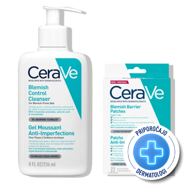 CeraVe, SOS protokol za nego kože nagnjene k aknam in nepravilnostim (236 ml + 22 obližev)