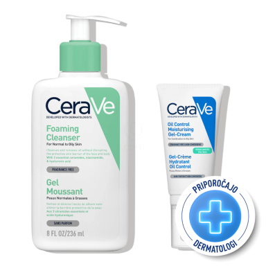 CeraVe, protokol za dnevno nego obraza za normalno do mešano kožo - Čistilni gel in kreme za obraz za mastno kožo (236 ml + 52 ml)