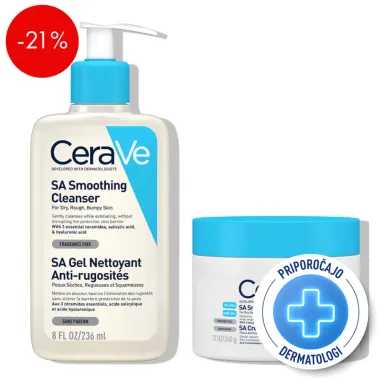 CeraVe, protokol za glajenje suhe in hrapave kože telesa - SA krema in SA čistilni gel (340 g + 236 ml)