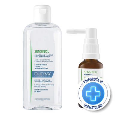 Ducray Sensinol, rutina pri srbečem lasišču - šampon in SOS pršilo (200 ml + 30 ml)