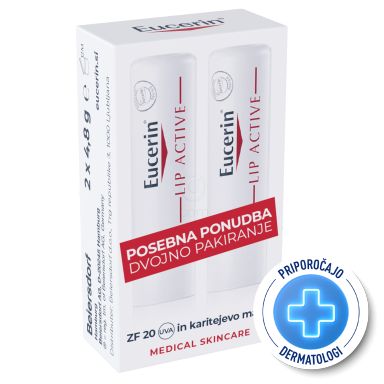 Eucerin Lip Aktiv, stik za nego ustnic z dekspantenolom in vitaminom E - ZF 20 (2 x 4,8 g)