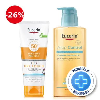Eucerin Sun in Atopicontrol, rutina - Kids Dry Touch ZF50+ + čistilno olje (200 ml + 400 ml)