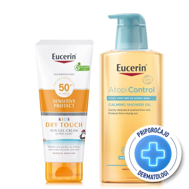 Eucerin Sun in Atopicontrol, rutina - Kids Dry Touch ZF50+ + čistilno olje (200 ml + 400 ml)