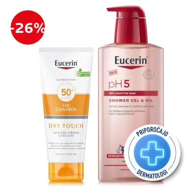 Eucerin Sun in pH5, rutina - Oil Control kremni gel - ZF50+ + Oljni gel za prhanje (200 ml + 400 ml)