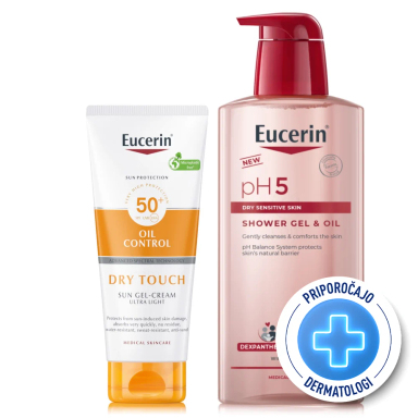 Eucerin Sun in pH5, rutina - Oil Control kremni gel - ZF50+ + Oljni gel za prhanje (200 ml + 400 ml)