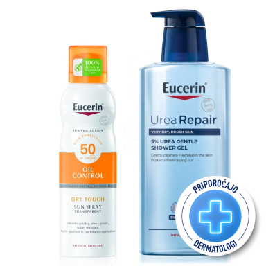 Eucerin Sun in UreaRepair, rutina - Dry Touch sprej - ZF50 + gel za prhanje (200 ml + 400 ml)