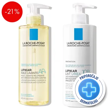 LRP Lipikar, hidratantni protokol za suho, hrapavo kožo z 10 % ureo - Lait Urea 10% in Olje (2 x 400 ml)