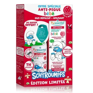 Puressentiel Anti-Sting Smurfs Baby, paket: repelent + pomirjevalna krema (60 ml + 30 ml)