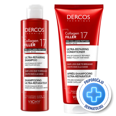 Vichy Dercos Collagen 17 Filler, protokol za obnovo in krepitev poškodovanih las (200 + 200 ml)