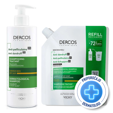 Vichy Dercos, protokol - šampon proti prhljaju za suho lasišče + polnilo (2 x 390 ml)