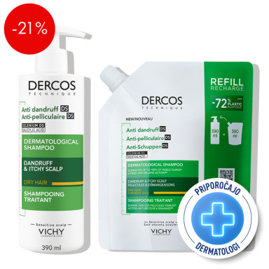 Vichy Dercos, protokol - šampon proti prhljaju za suho lasišče + eko polnilo (2 x 390 ml)