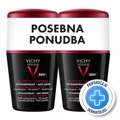 Vichy Homme Clinical Control 96h, detranspirant roll-on proti neprijetnemu vonju - paket (2 x 50 ml)