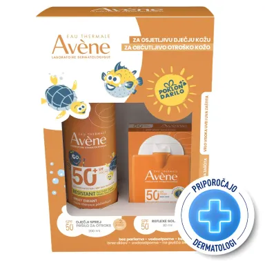 Avene Sun, paket - otroško pršilo ZF50+ in Reflexe Solaire emulzija ZF50+ (200 ml + 30 ml)