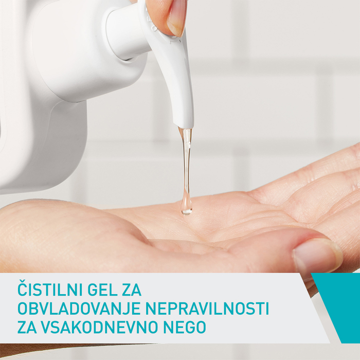 CeraVe čistilni gel za kožo, nagnjeno k nepravilnostim, 236 ml – gel iz stekleničke z dozirnikom na dlani