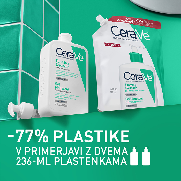CeraVe peneči čistilni gel za normalno do mastno kožo, polnilo 473 ml – vrečka za ponovno polnjenje in plastenka